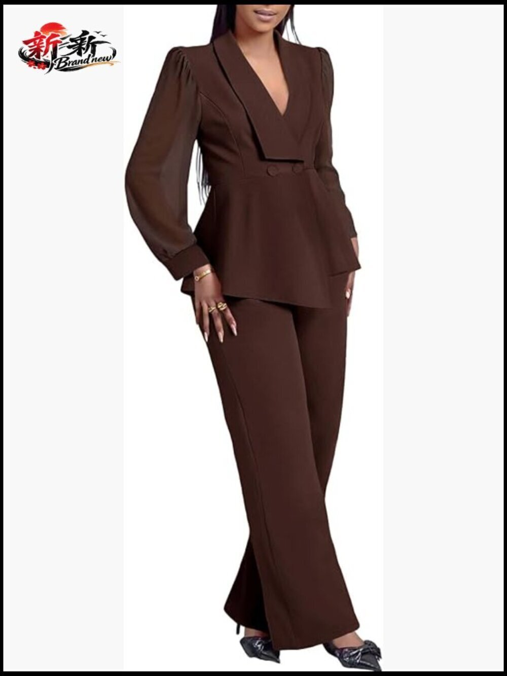 Women's Dressy Pantsuit Set Mesh Sheer Sleeve Ruffle Blazer Wide Leg Pants 2